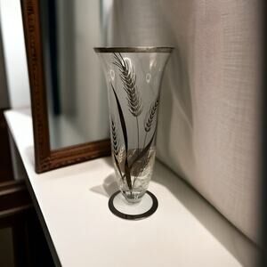 Vintage Tall Rockwell Glass Vase Sterling Overlay, Classic Wheat Design, 9 3/4”